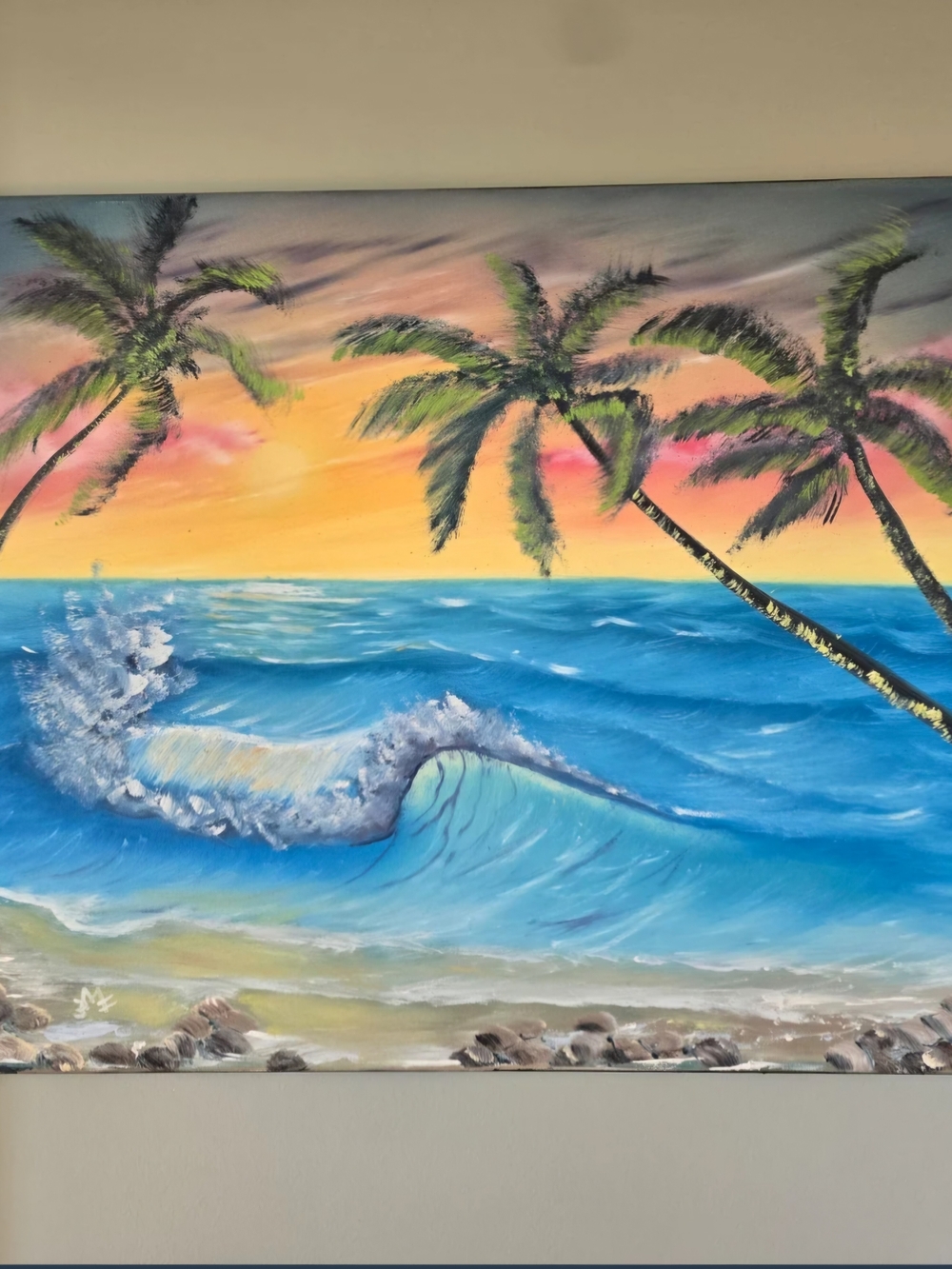 Tropical Sunset Ocean Canvas Wall Art - Blue, Yellow, Pink
